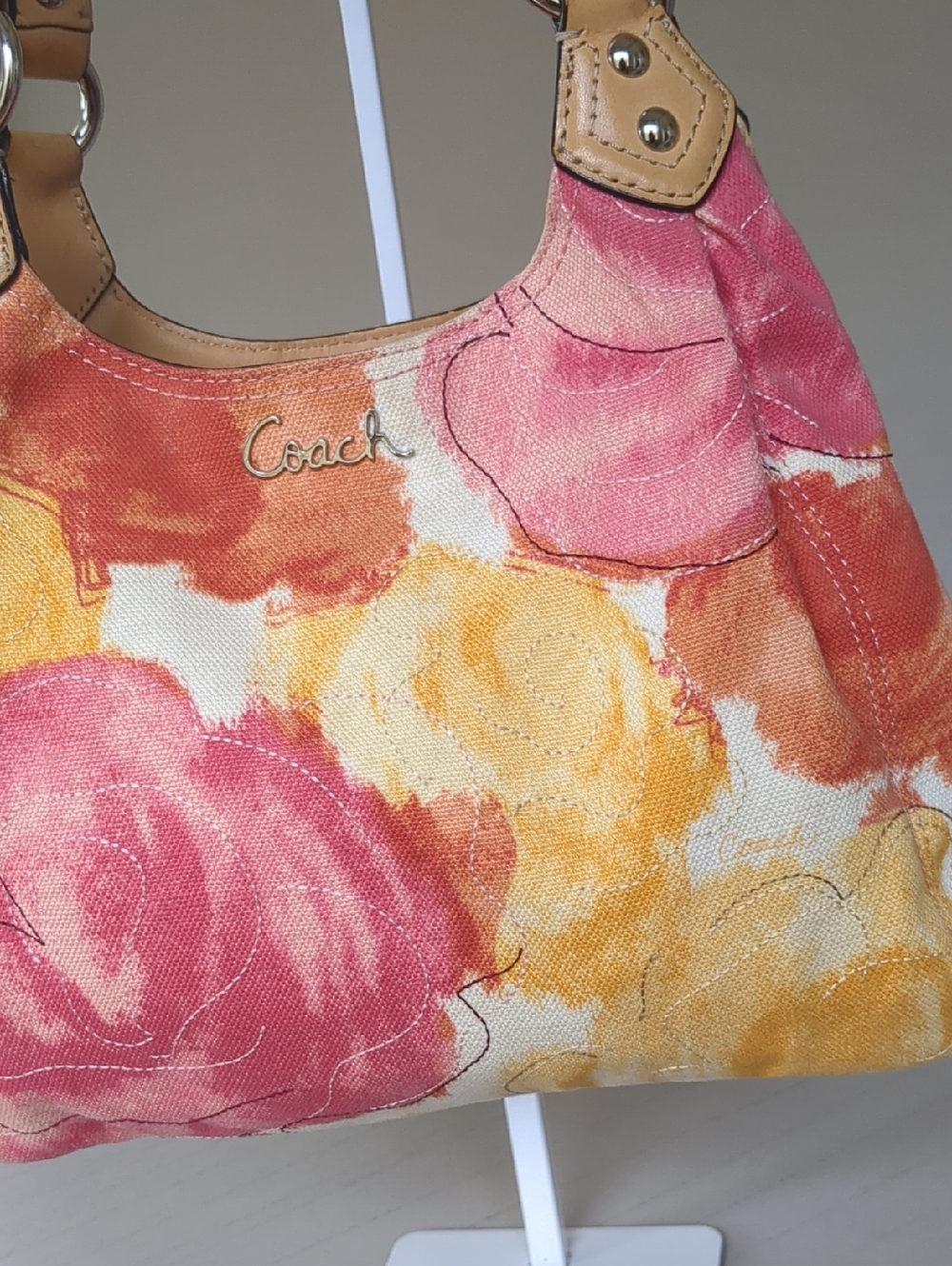 Vintage Coach 2002 Floral Fabric Maggie Shoulder Bag in Yellow & Pink - Picture 3 of 15